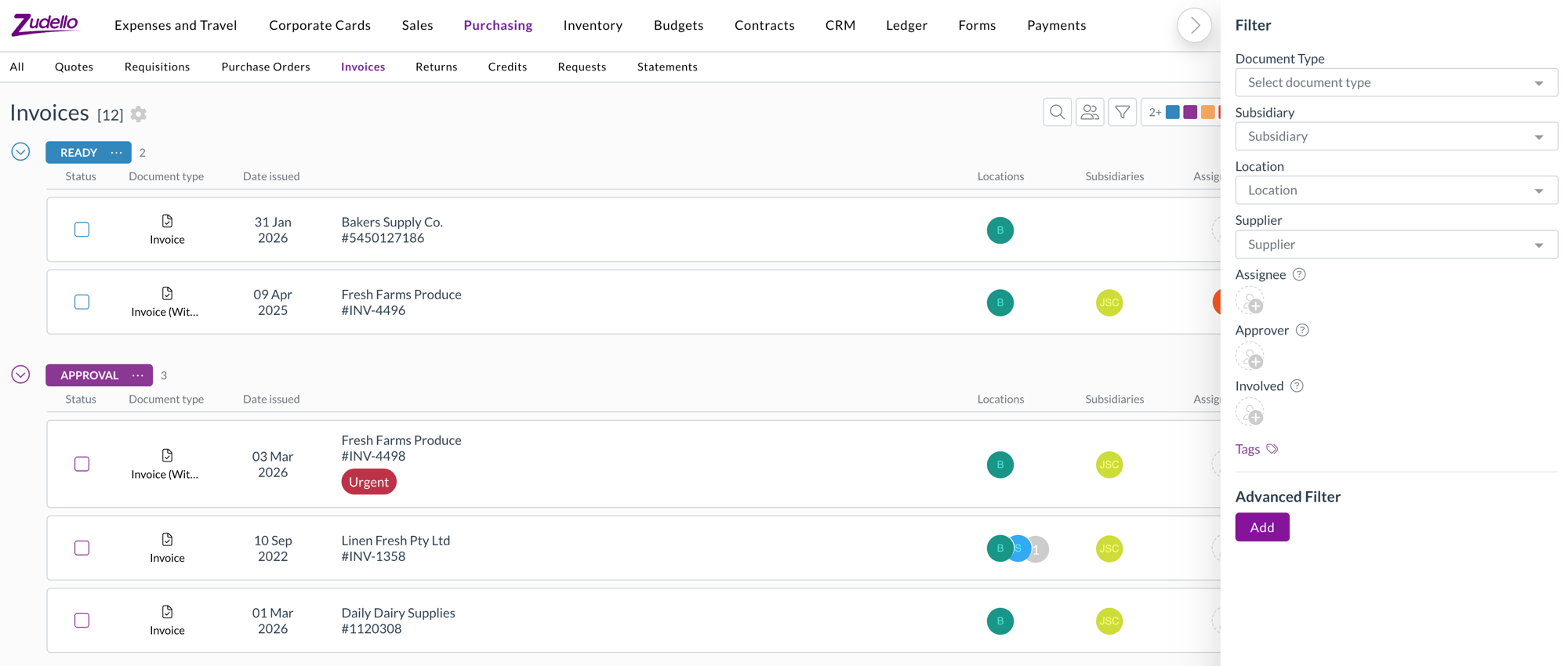 The Assignee, Approver, and Involved filters in the filter panel