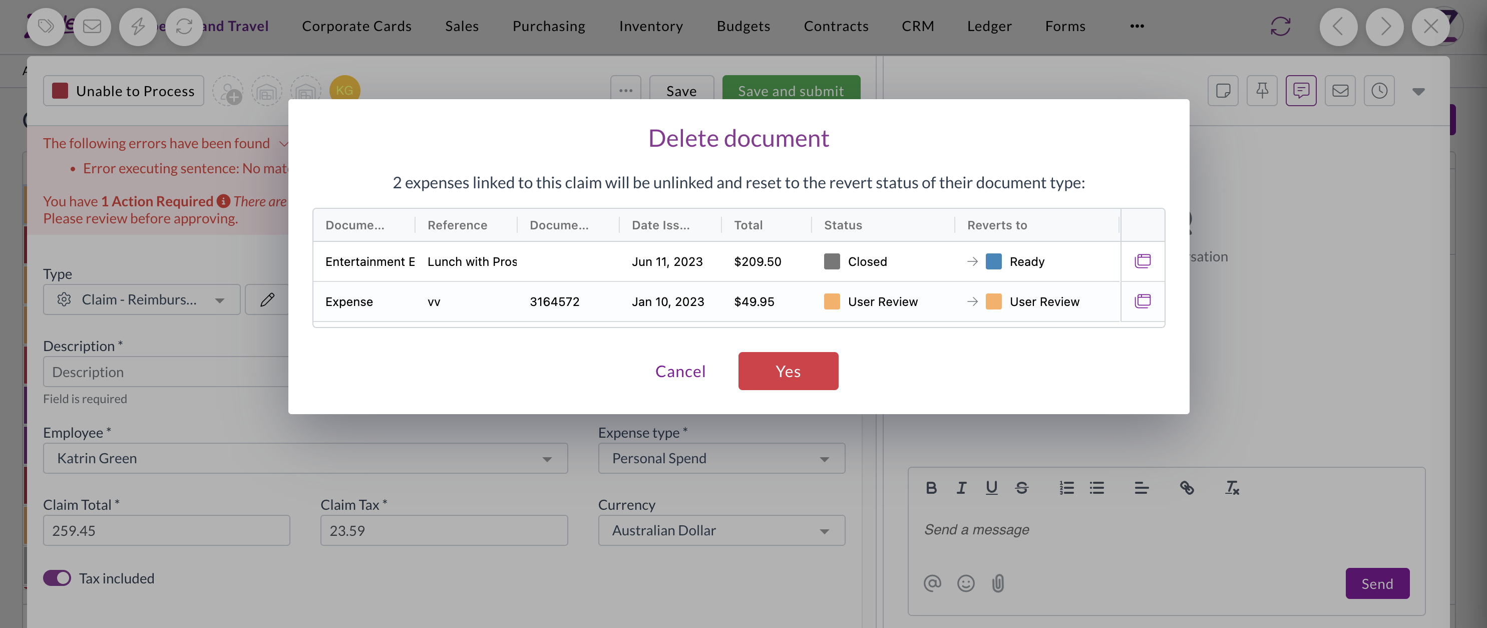 The confirmation listing expenses affected by deleting a claim