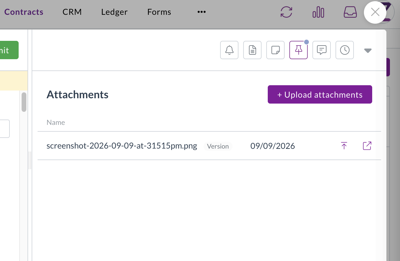 A contract's attachments list showing an earlier primary document kept with a Version tag