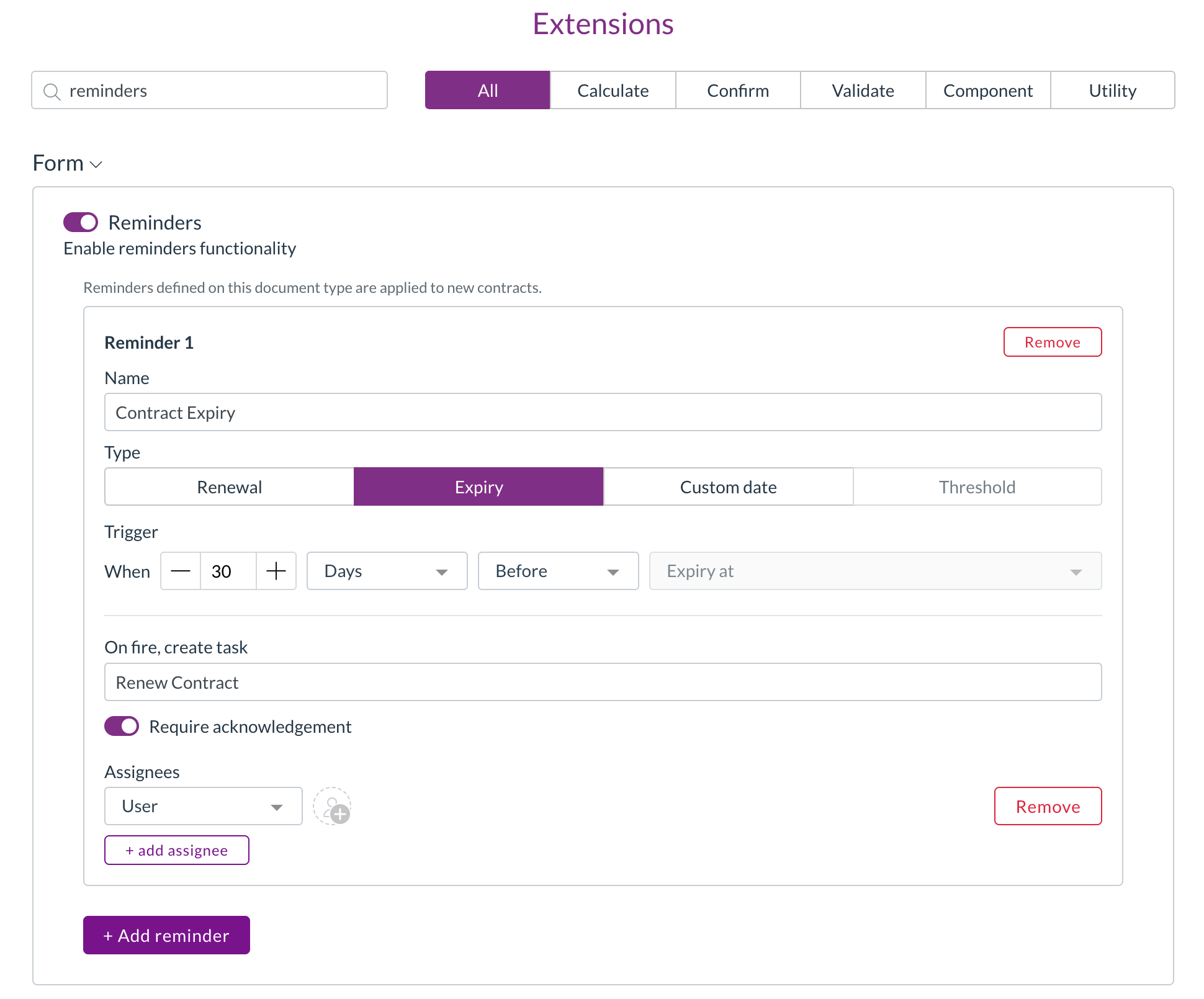 Setting up reminders on a contract