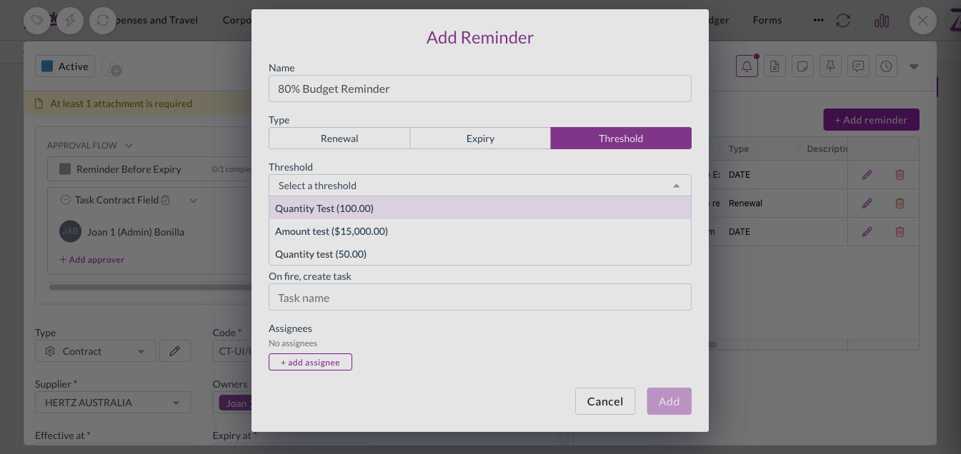 Setting a reminder that triggers on spend against a contract threshold
