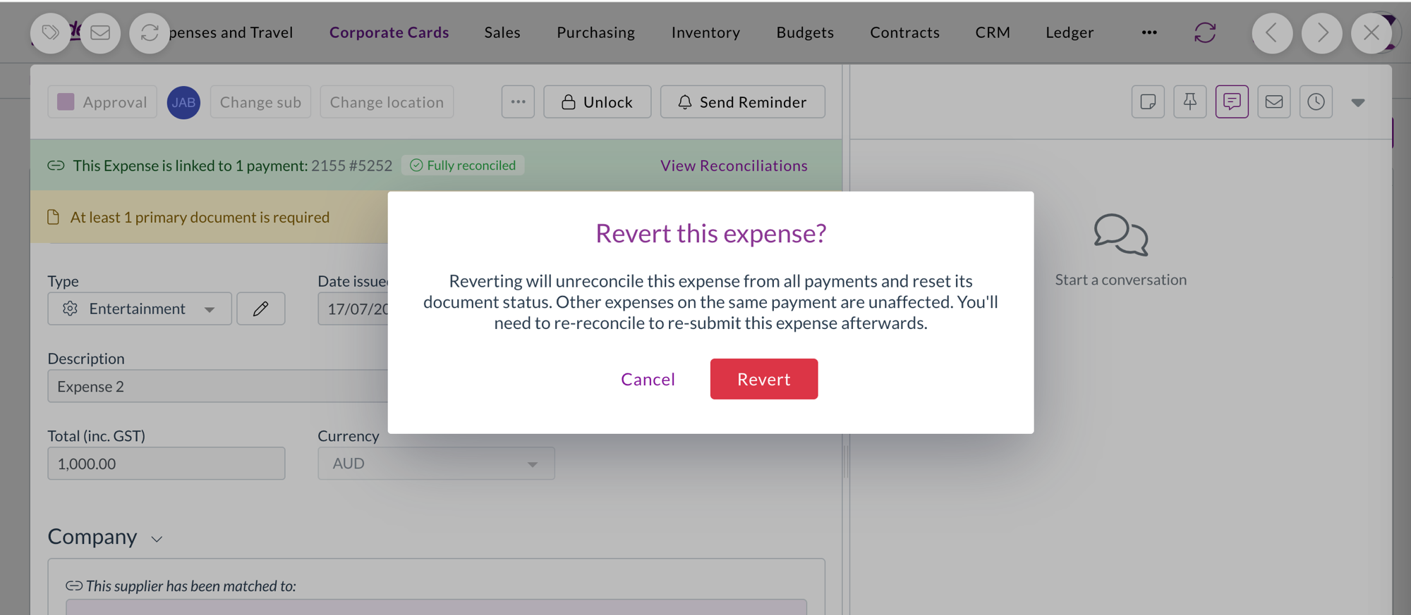 Confirmation warning before reverting a reconciled expense