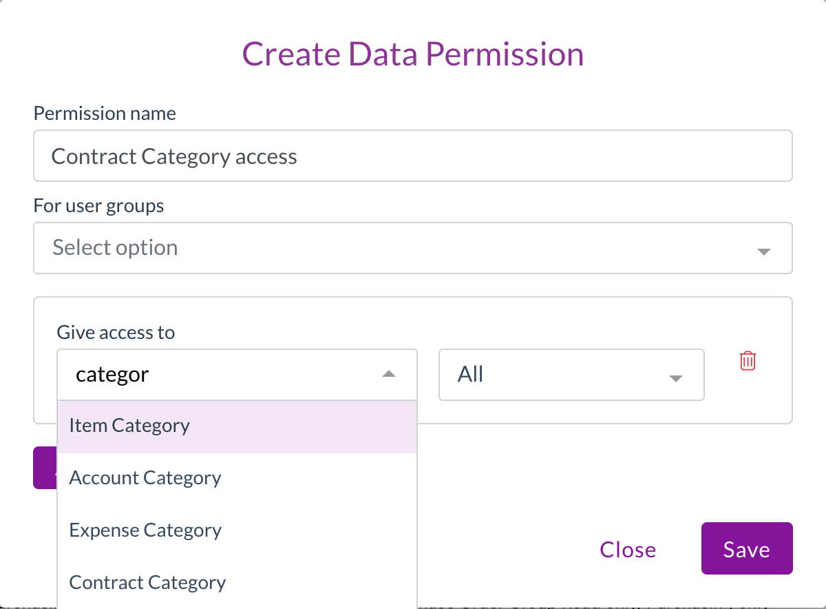 Creating a data permission, with Account Category and Contract Category in the Give access to list