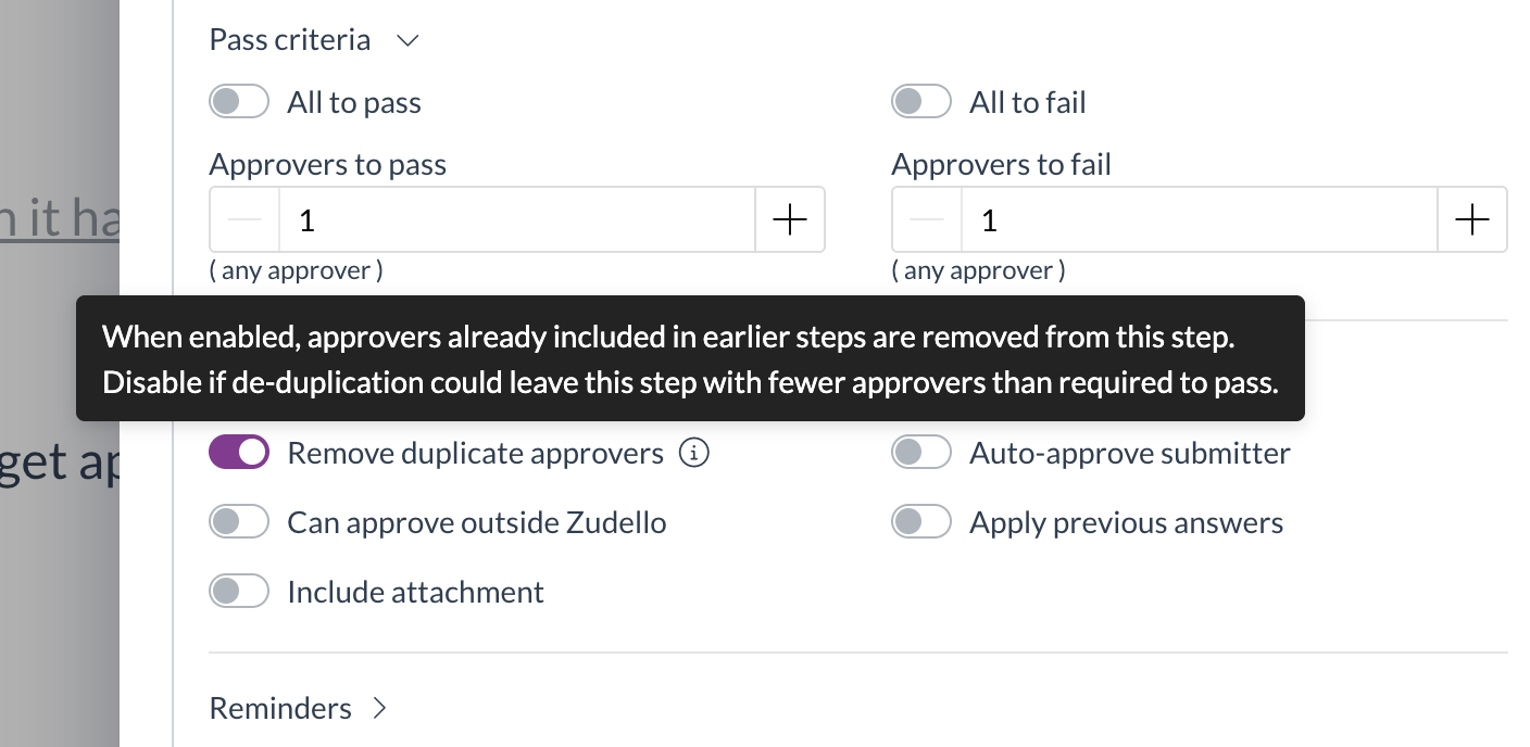 The Remove duplicate approvers option on an approval step