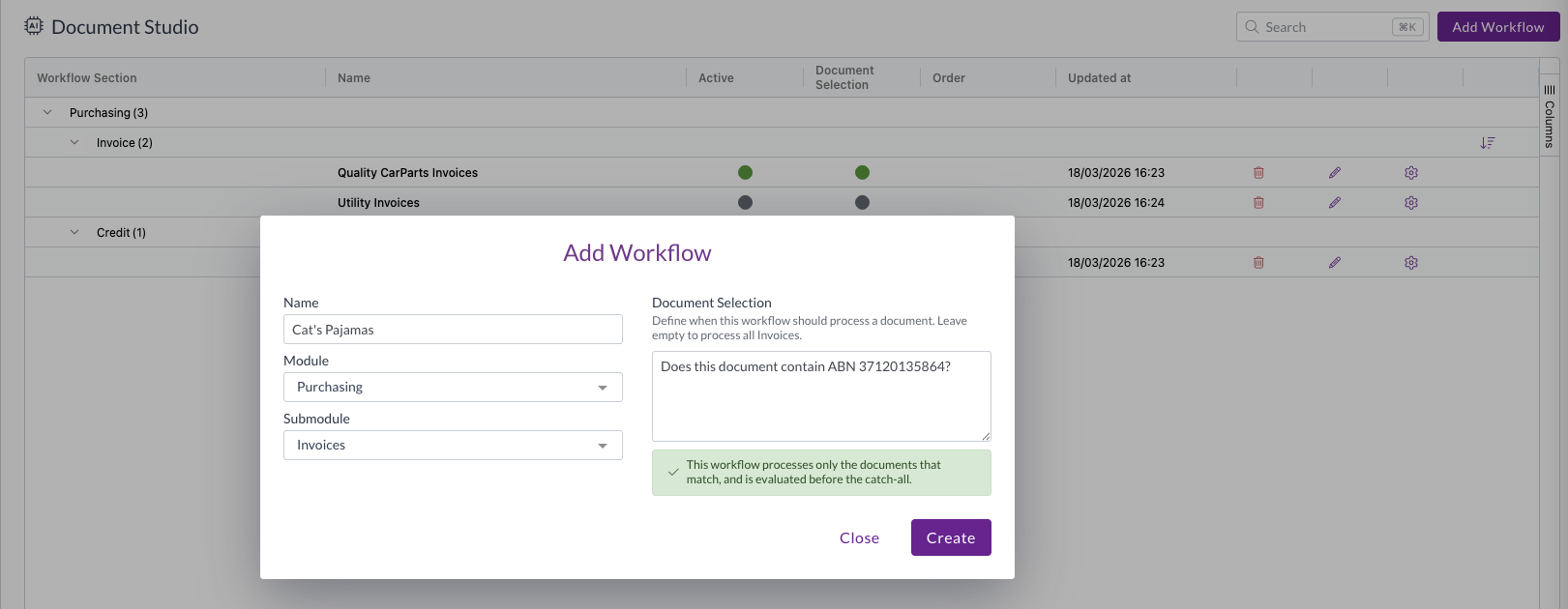 The Add Workflow screen with the Document Selection question alongside the name, module, and submodule