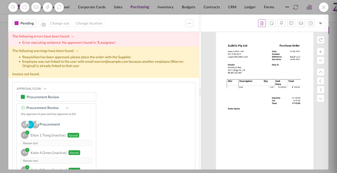 Errors and warnings shown separately on a document