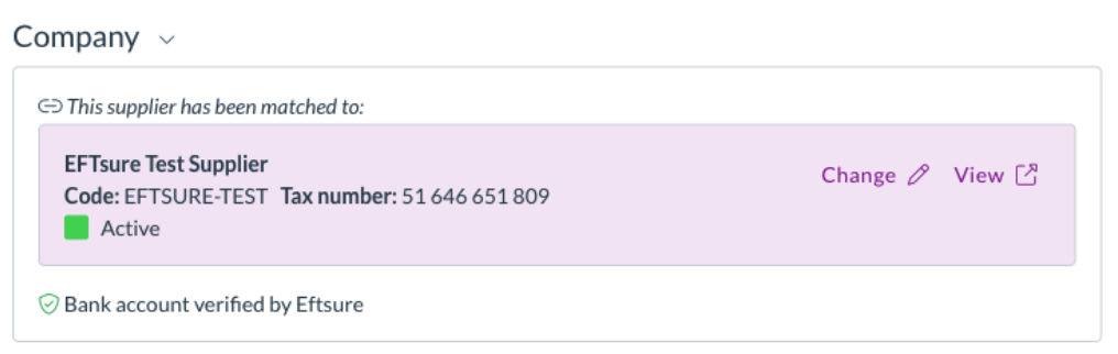 The Eftsure bank account verification result shown on the contact match card
