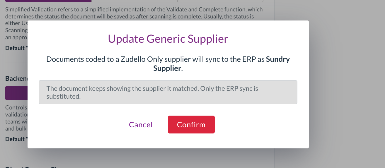 The Update Generic Supplier confirmation, naming the supplier documents will sync as