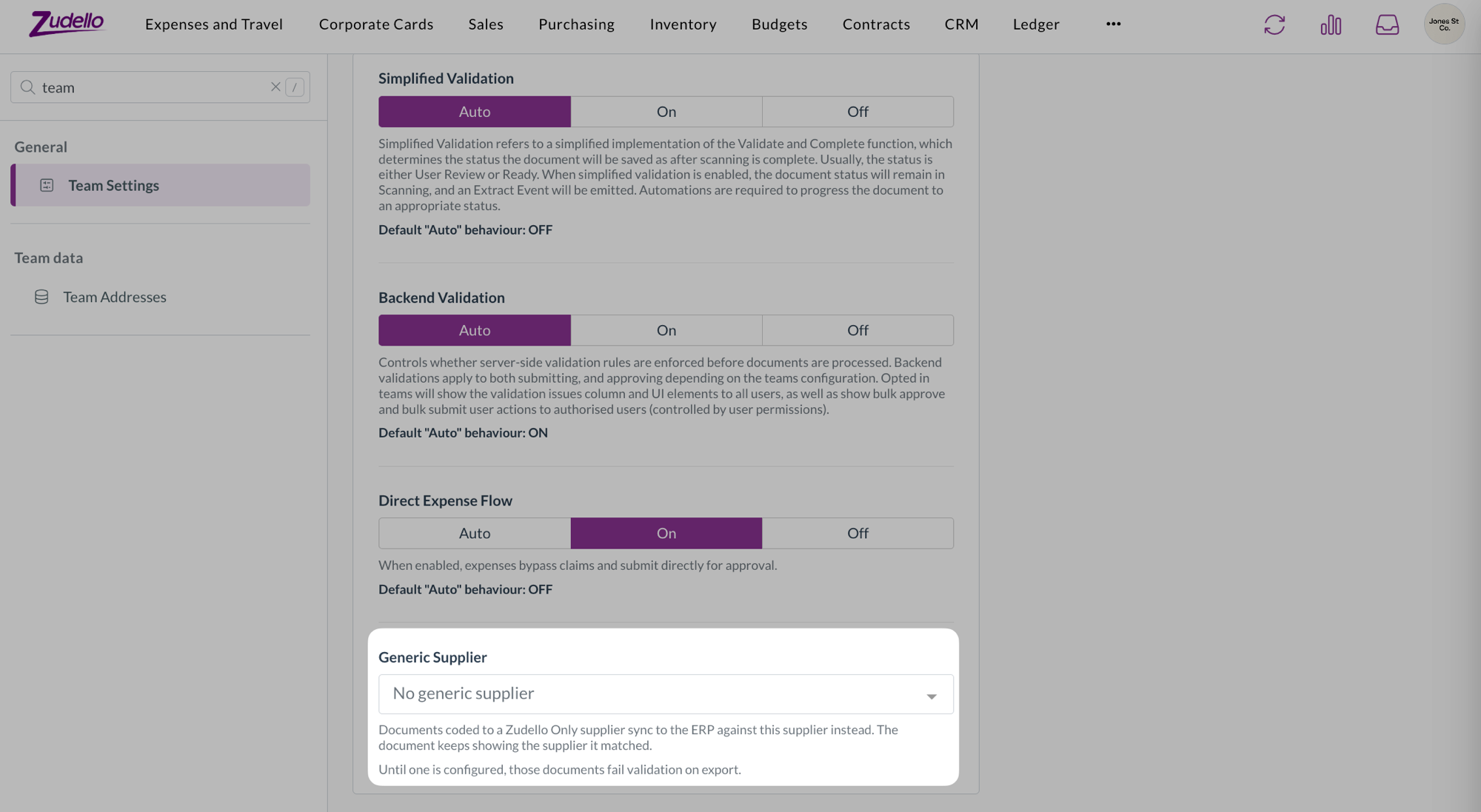 The Generic Supplier setting in Team Settings, with no generic supplier configured yet