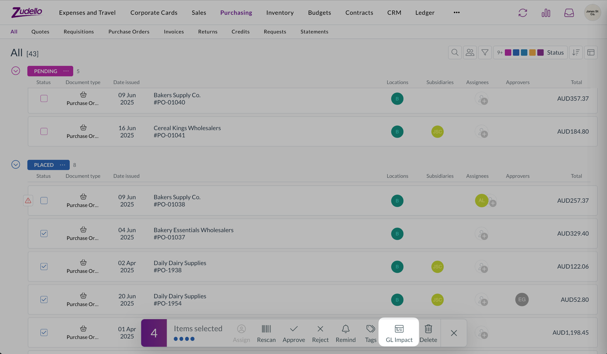 The GL Impact bulk action on a purchase order list with four documents selected