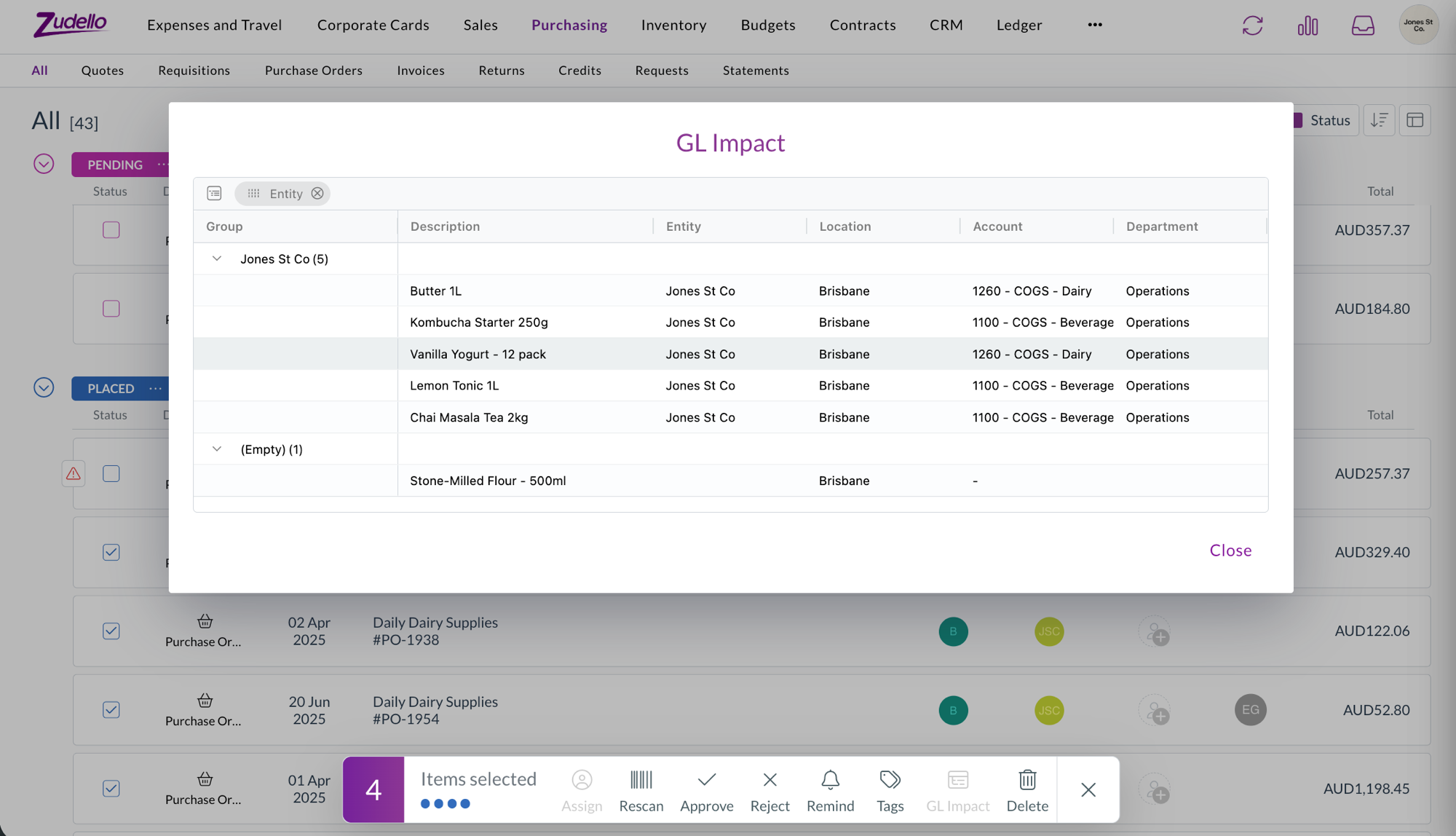 The GL Impact window showing the selected lines grouped by entity, with location, account, and department
