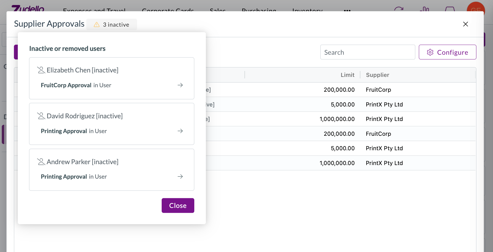 The inactive or removed users list, grouped by user, with a link through to each affected row