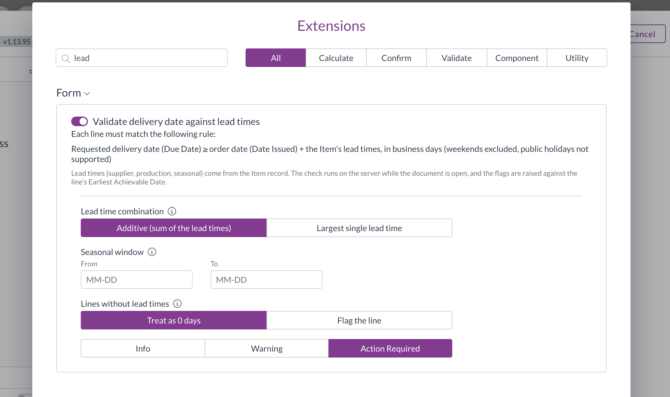 The lead time validation extension configuration, showing combination, seasonal window, and missing lead time behaviour