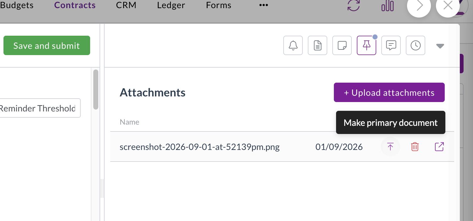 Make primary document shown next to an attachment on a contract