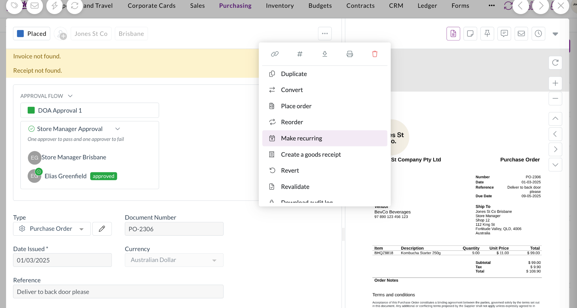 Make recurring highlighted in the document actions menu on a purchase order