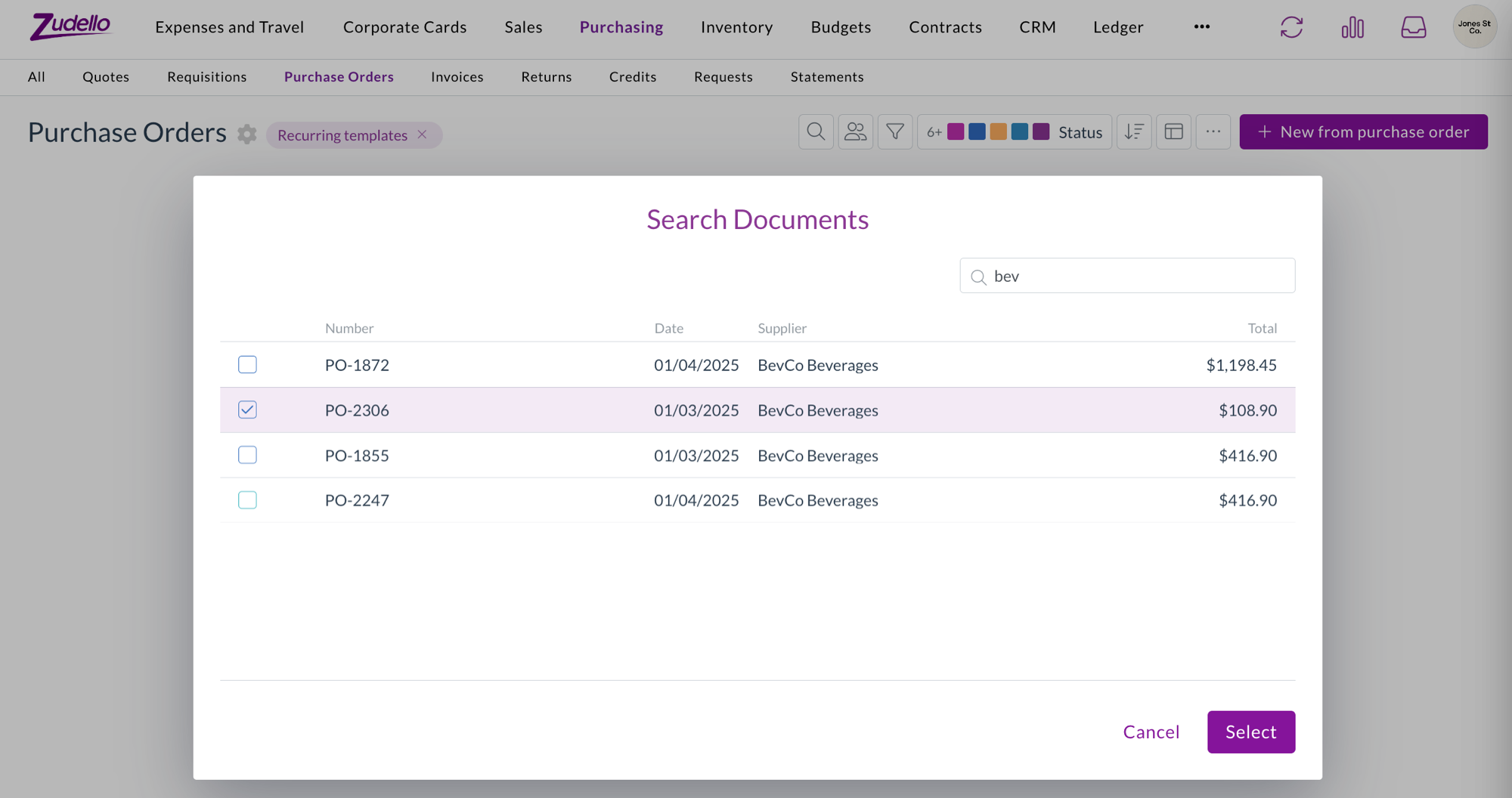 The Search Documents picker opened from New from purchase order, searching existing orders by supplier