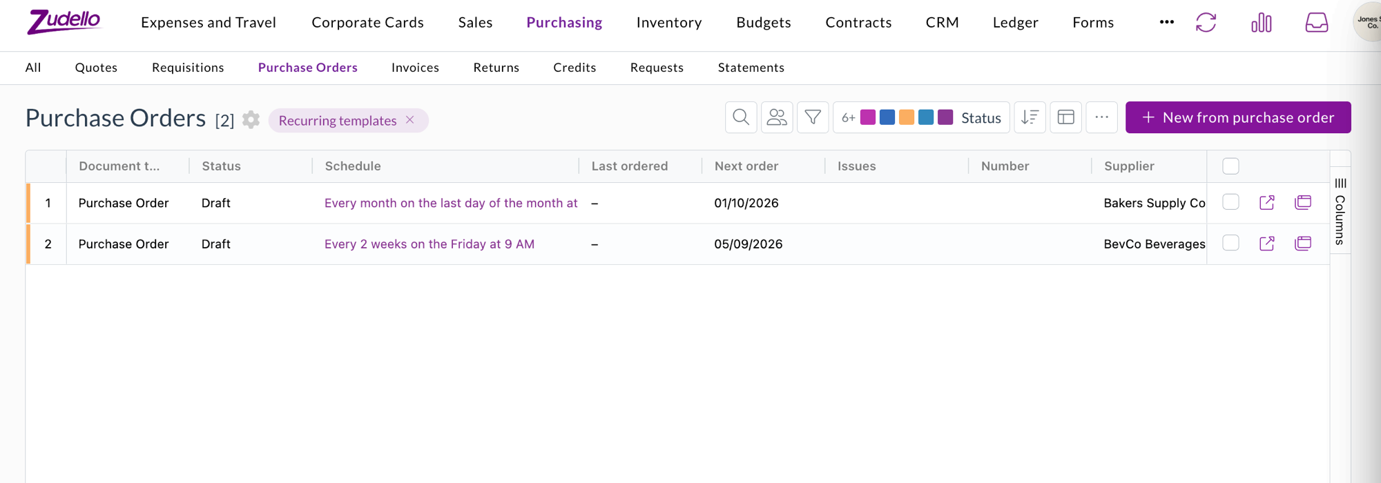 The Purchase Orders list switched to Recurring templates, showing each template's schedule as a sentence with Last ordered and Next order columns