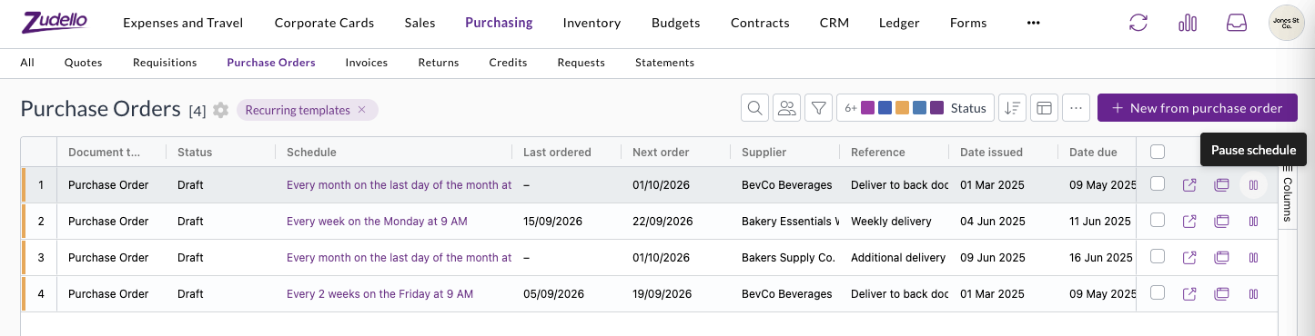 The recurring templates list, with a pause action on each row and columns for schedule, last ordered, and next order