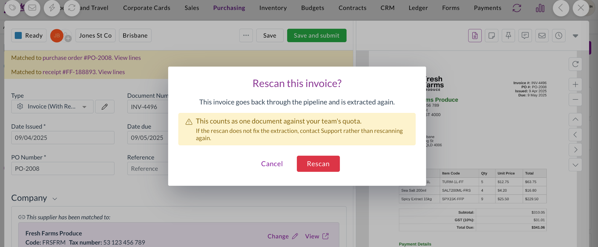 The rescan confirmation, warning that a rescan counts one document against the team's quota