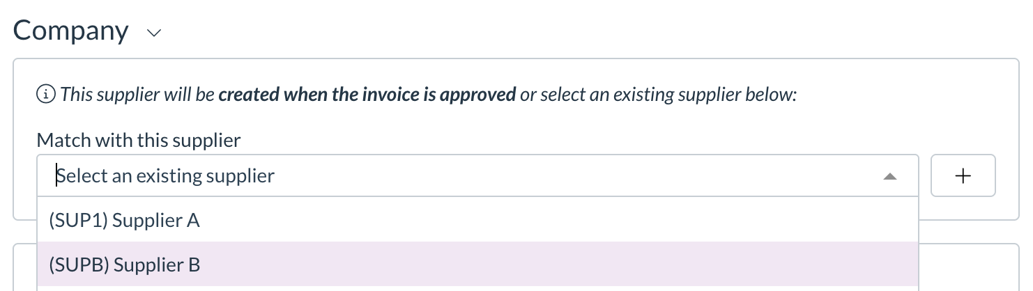 Supplier code shown in the supplier match dropdown