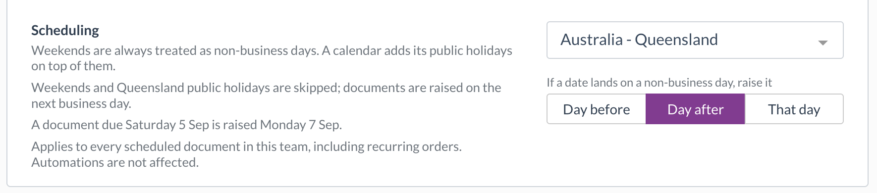 The Scheduling setting in Team Settings, with the Australia - Queensland calendar selected and orders moved to the day after