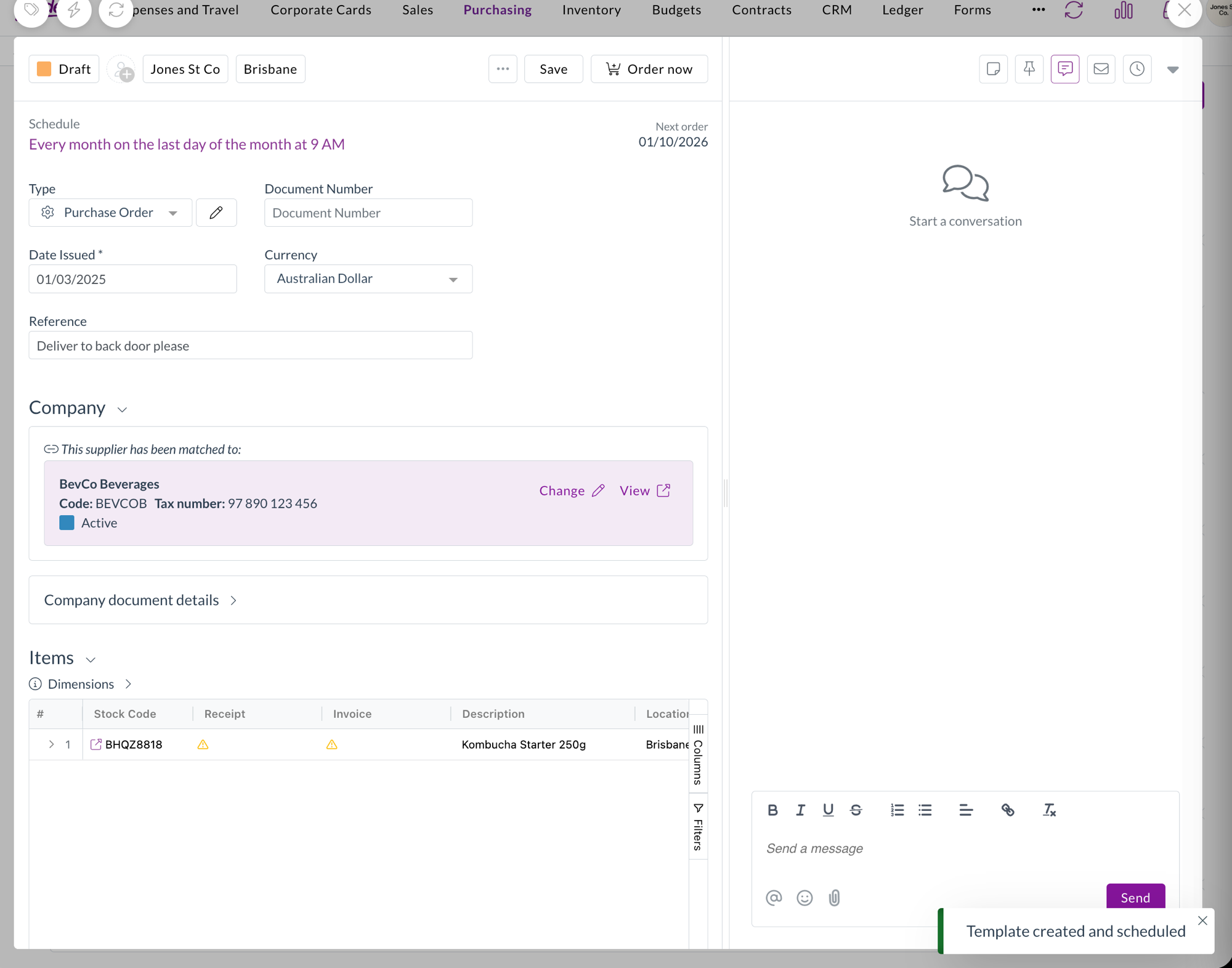 The new template open, showing its schedule and next order date, with a Template created and scheduled confirmation