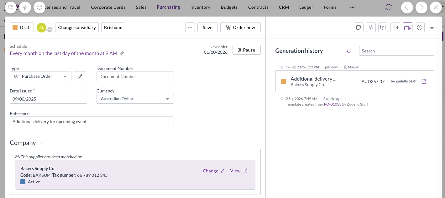 A purchase order template open on its Generation history panel, showing an order raised with Order now marked as Manual