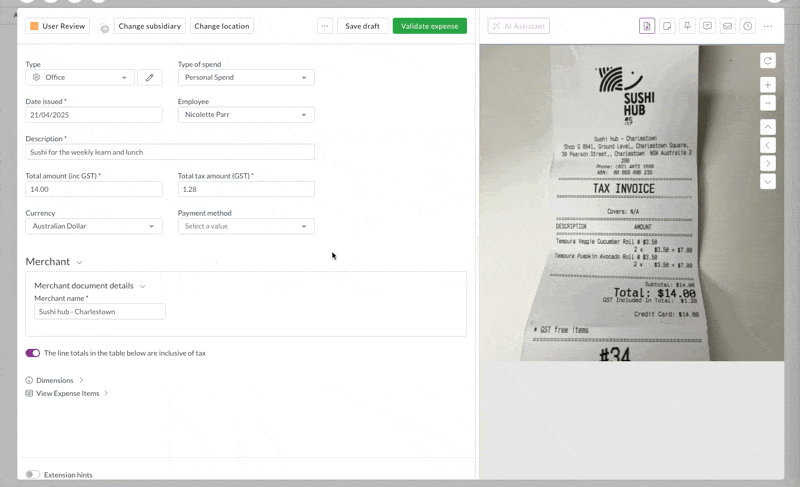 Validate the expense
